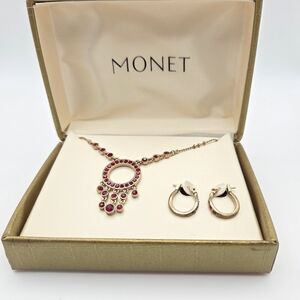 Monet Necklace And Earrings Set With Faux Red Garnets